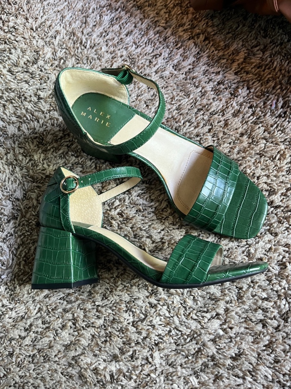 Alex Marie Green Croc-Embossed Block Heel Sandals